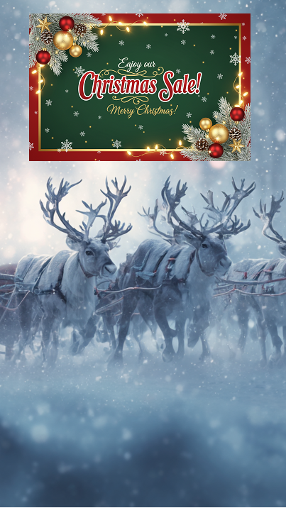 Santa Claus in a sleigh pulled by reindeer with a Christmas sale sign in the corner.